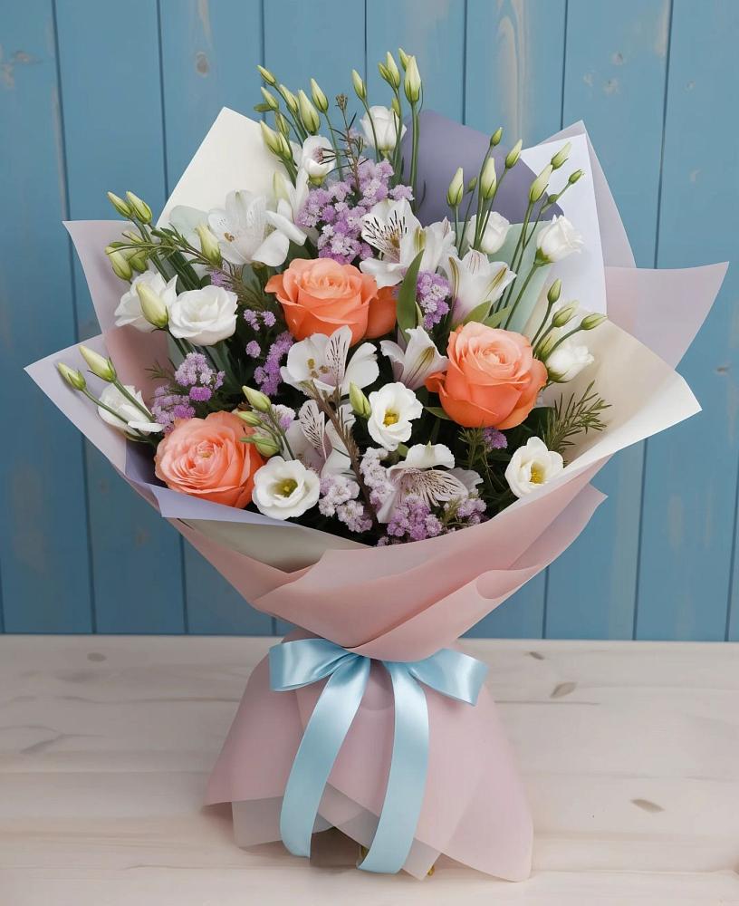Букет цветов из: Лизиантусы, Розы, Альстромерии и Гипсофила в Кизляре Республики Дагестан